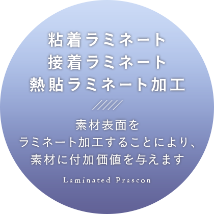 粘着ラミネート・接着ラミネート・熱貼ラミネート加工 素材表面をラミネート加工することにより、素材に付加価値を与えます